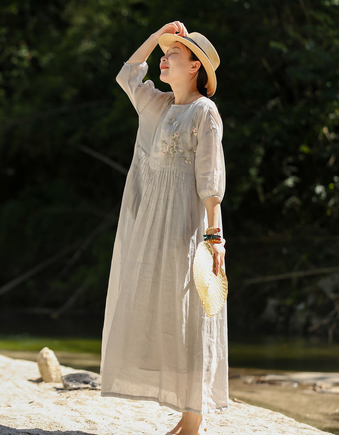 Linen Embroidery Round Neck High Waisted Summer Dresses