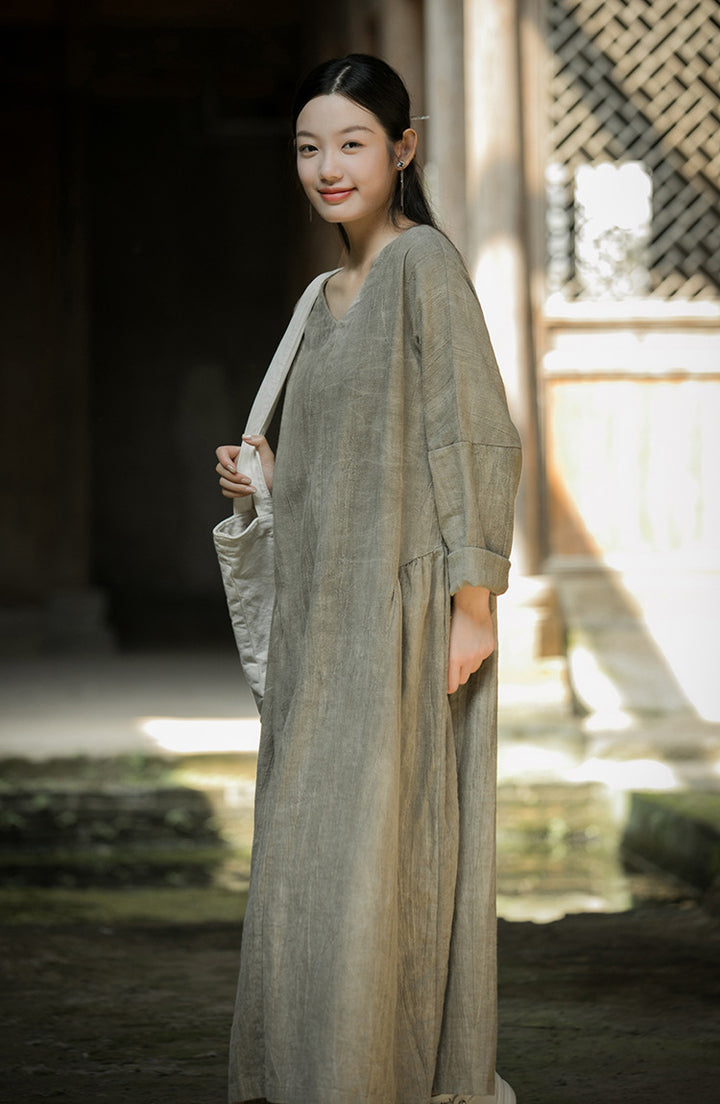 Summer Linen Tie-Dyed Fried Color V-Neck Dress for Women