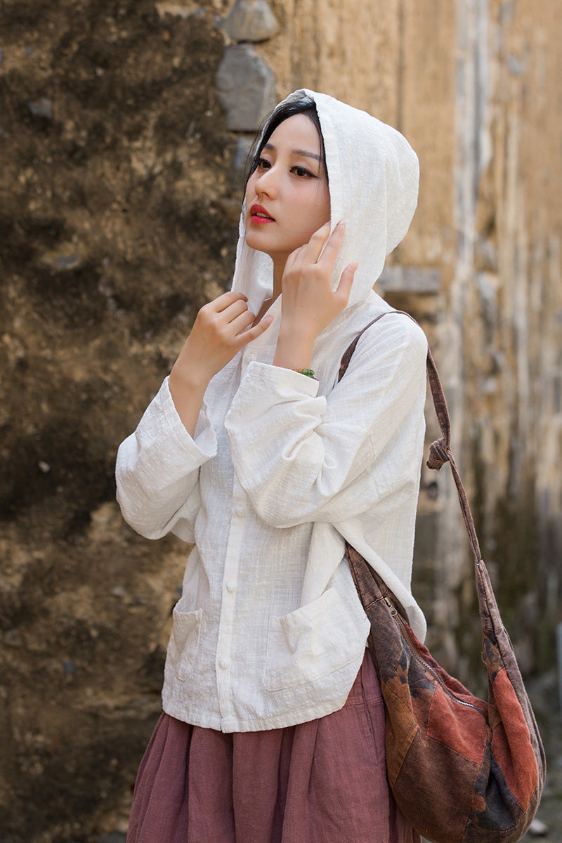 Women's Linen Sand-Washed Hooded Long-Sleeved Blouse