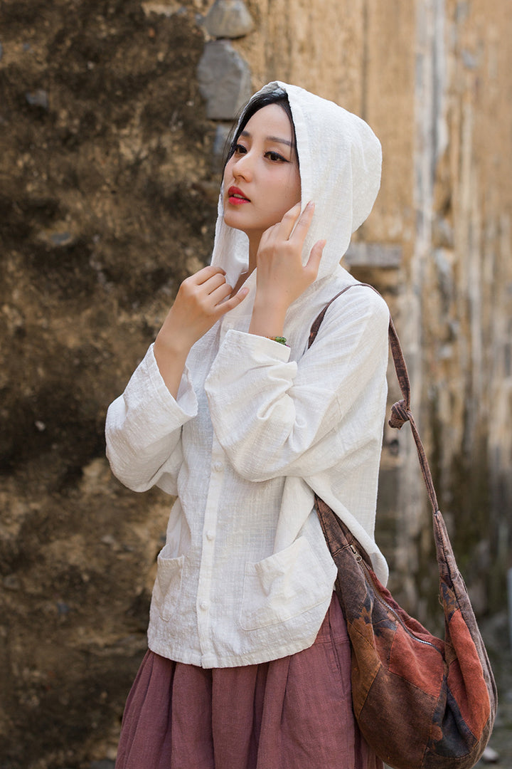 Women's Linen Sand-Washed Hooded Long-Sleeved Blouse