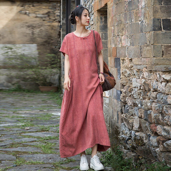 Women's Summer Linen Tie-Dye Short-Sleeved Dress for Comfort