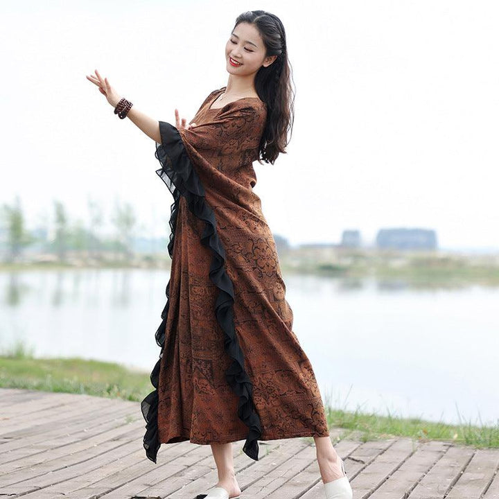 Retro Brown Cotton Bat Sleeve Maxi Dress for Women-Women's dress-Thebesttailor-Thebesttailor