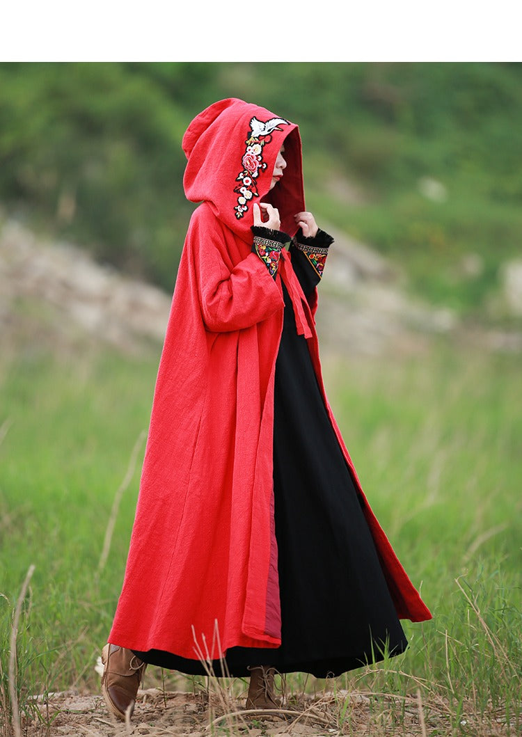 Winter Cotton And Linen Embroidered Chinese hooded cape coat