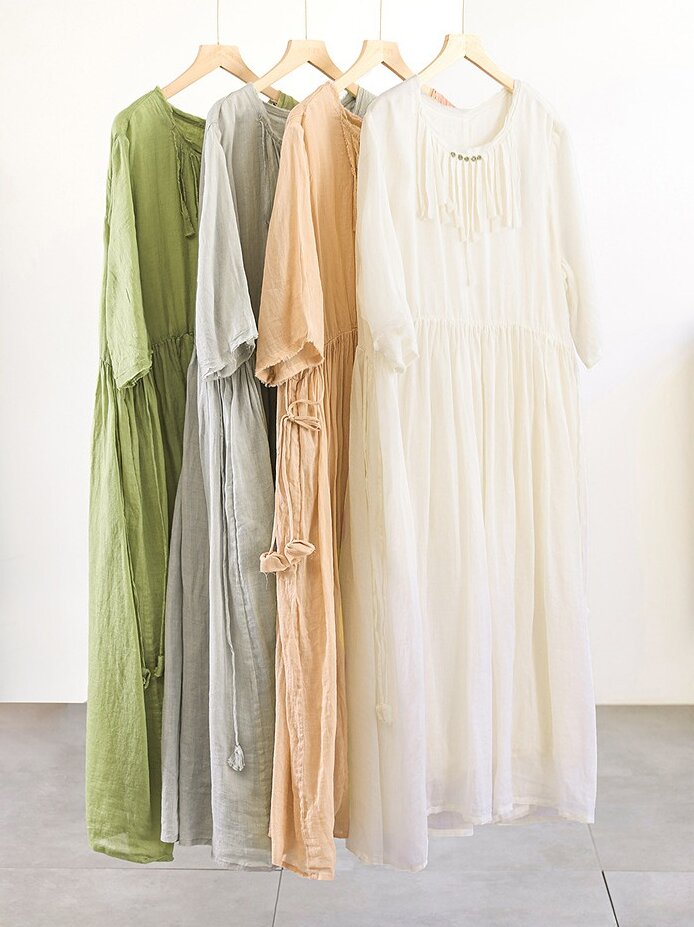 Summer Casual Ramie A Line Half Sleeve Oversized Dress