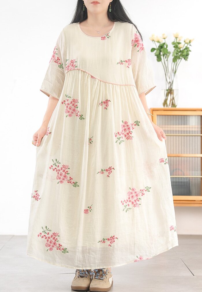 Summer Casual Ramie A-Line Half Sleeve Embroidery Oversized Dress