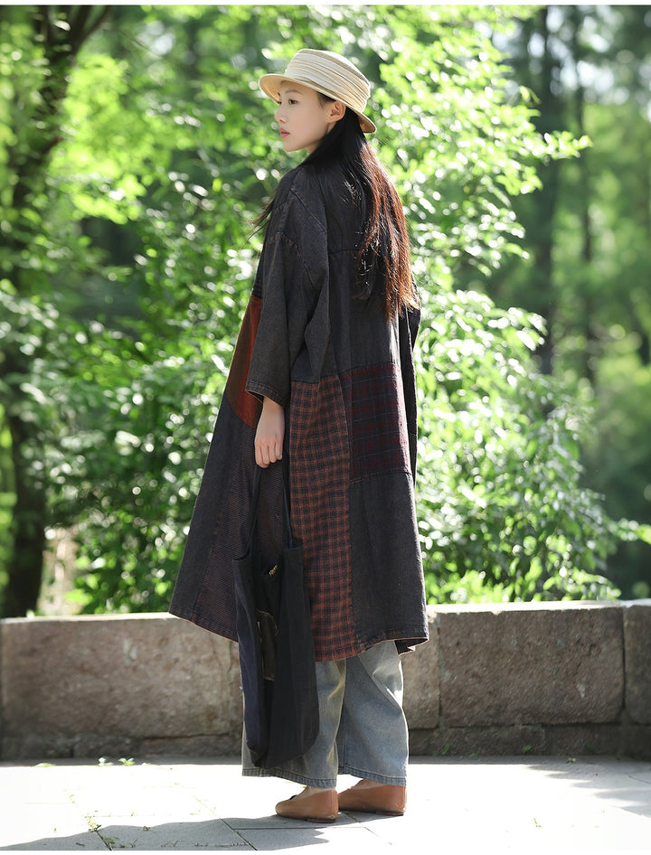 Autumn Cotton Patchwork Single-Breasted Trench Coat for Women
