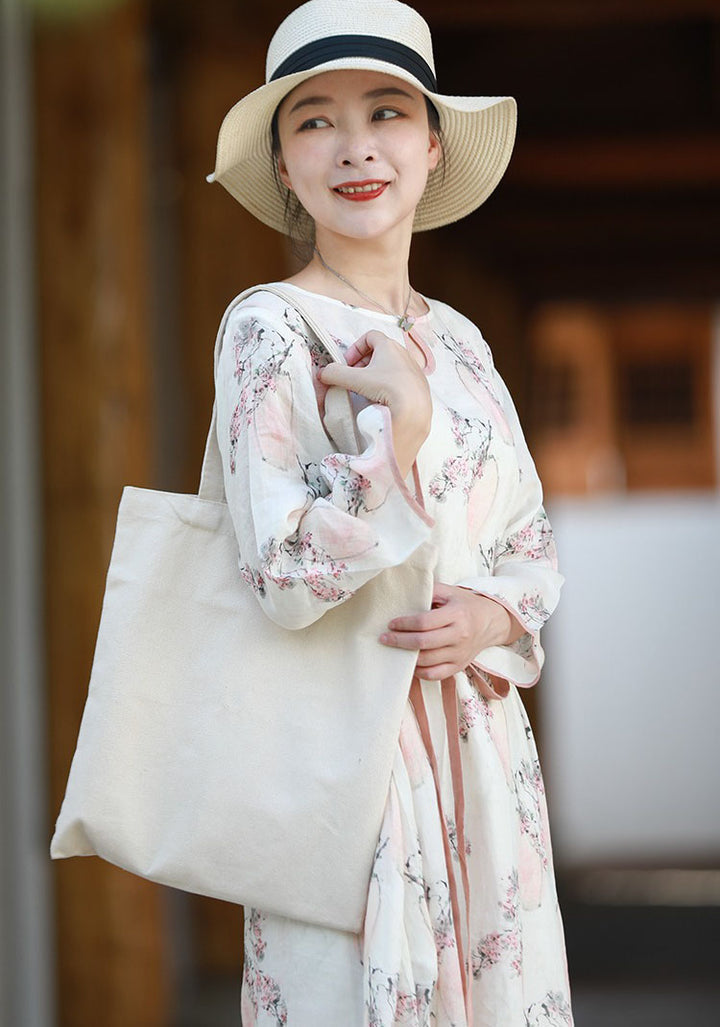 Linen Tie Drape Floral Dress With Pockets Long Sleeve