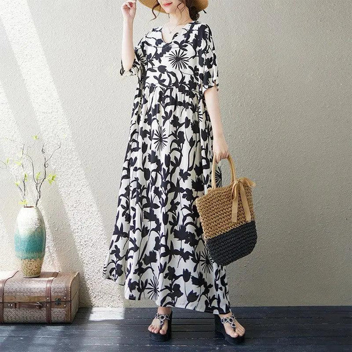 Retro Maxi Dress for Women Vibe Cotton Maxi Dress in Artistic Print-Women's dress-Thebesttailor-Thebesttailor