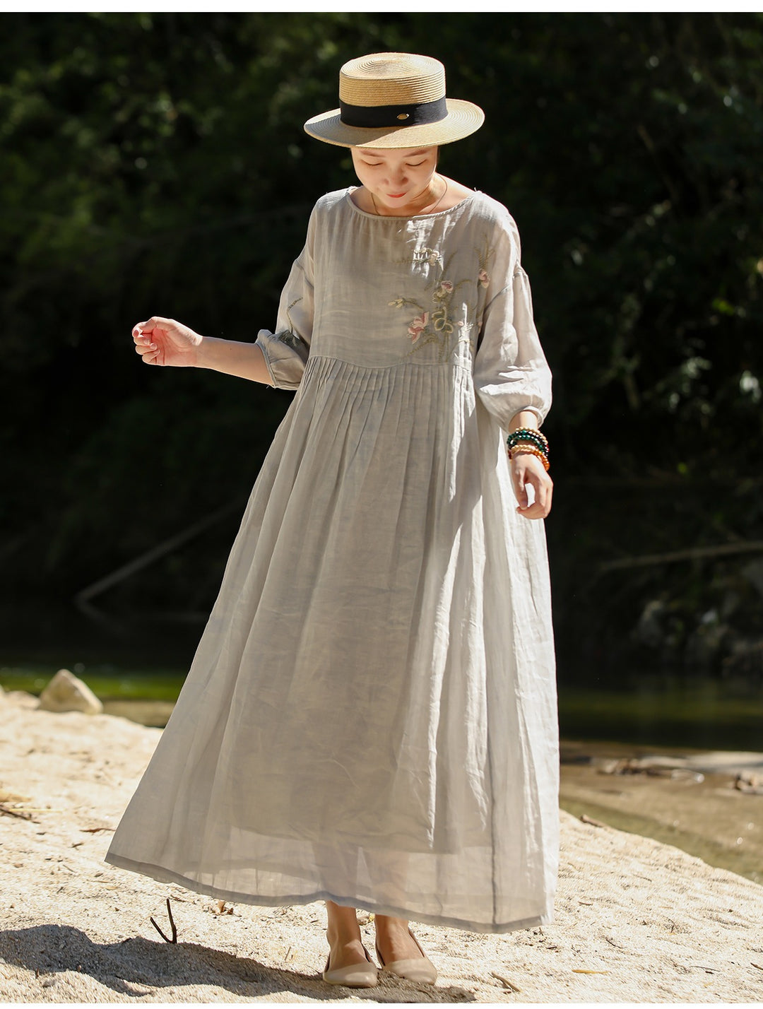 Linen Embroidery Round Neck High Waisted Summer Dresses