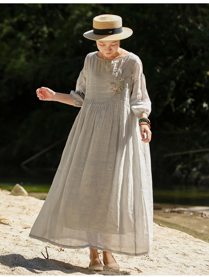 Linen Embroidery Round Neck High Waisted Summer Dresses