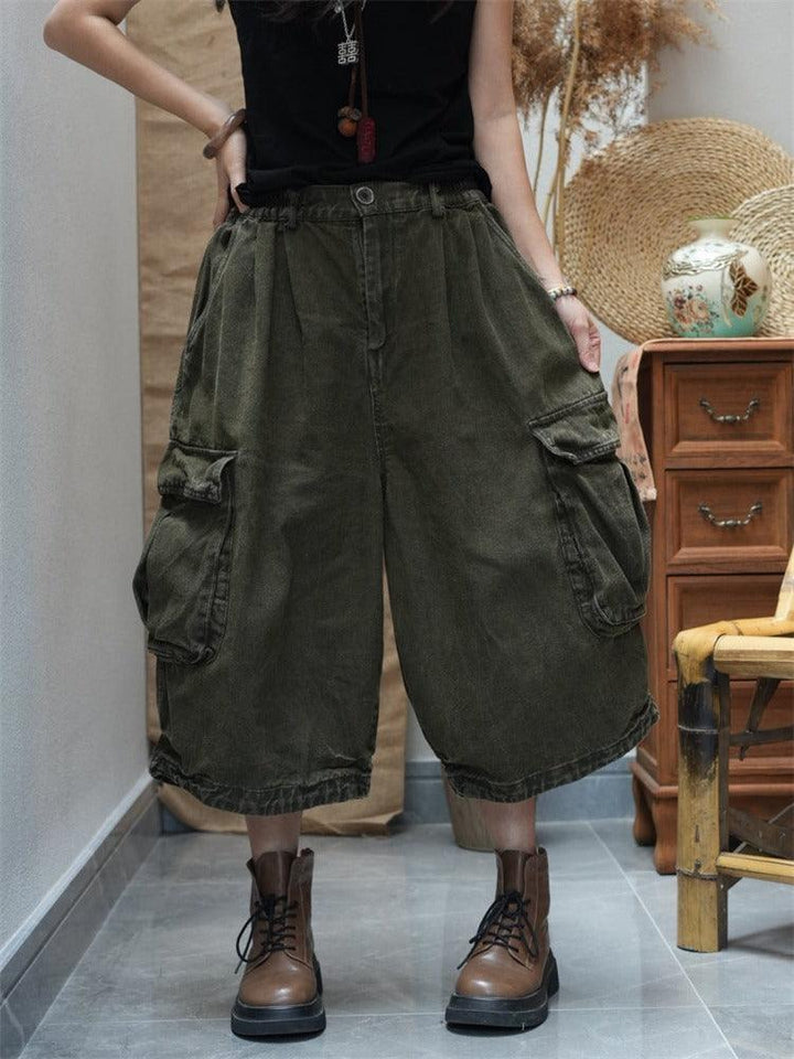 Stylish large pockets loose casual overalls retro Stir-Fried Color jeans, perfect for summer and versatile outfits.
