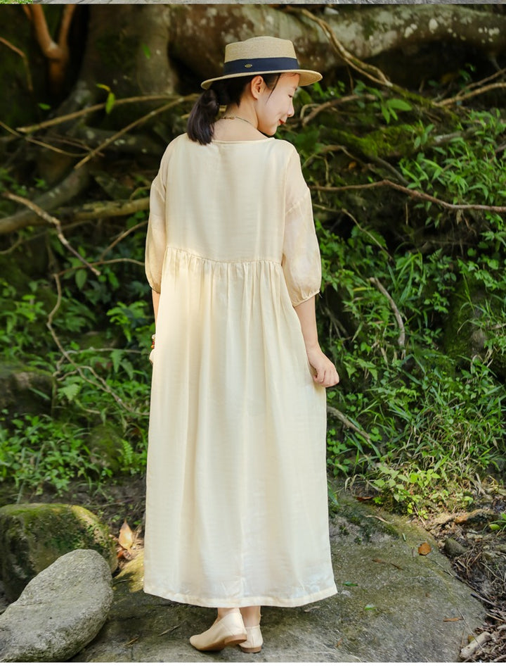 Linen Embroidery Round Neck High Waisted Summer Dresses