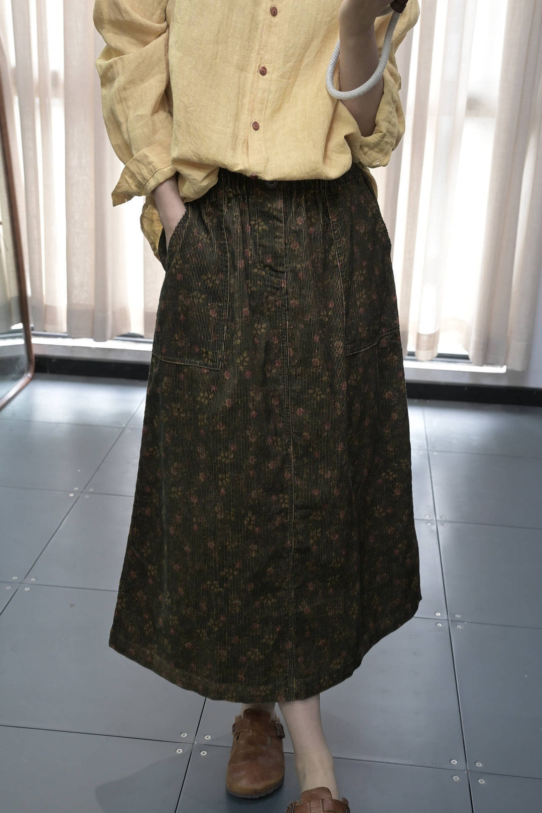 Floral cotton A-line midi skirt with elastic waist