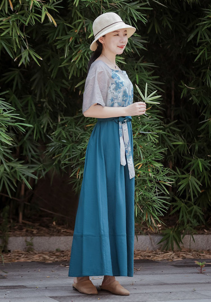 Chinese Linen Patchwork Floral Lace Up High Waist Maxi Dress
