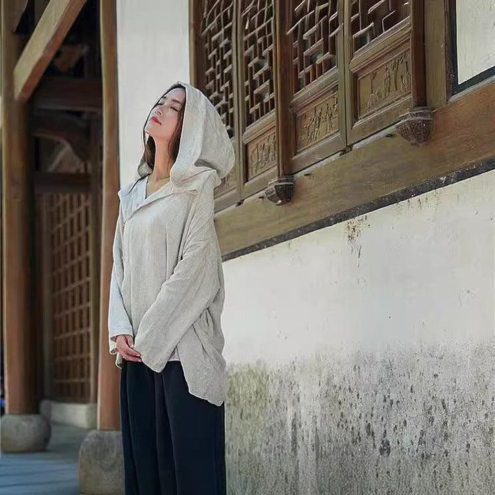 Hooded sand-washed linen Blouses Linen tops for women Thebesttailor