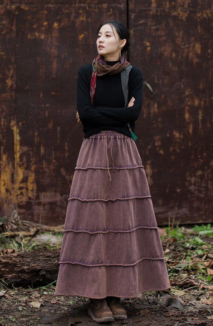 Retro Long Wool A-line Maxi Skirt with Pockets for Women-Women's Skirts-Thebesttailor-Thebesttailor