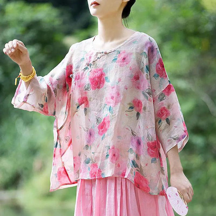 summer tops 3 4 sleeve tops for women linen top-Women's Shirt-Thebesttailor-One size-Pink-Linen-Thebesttailor