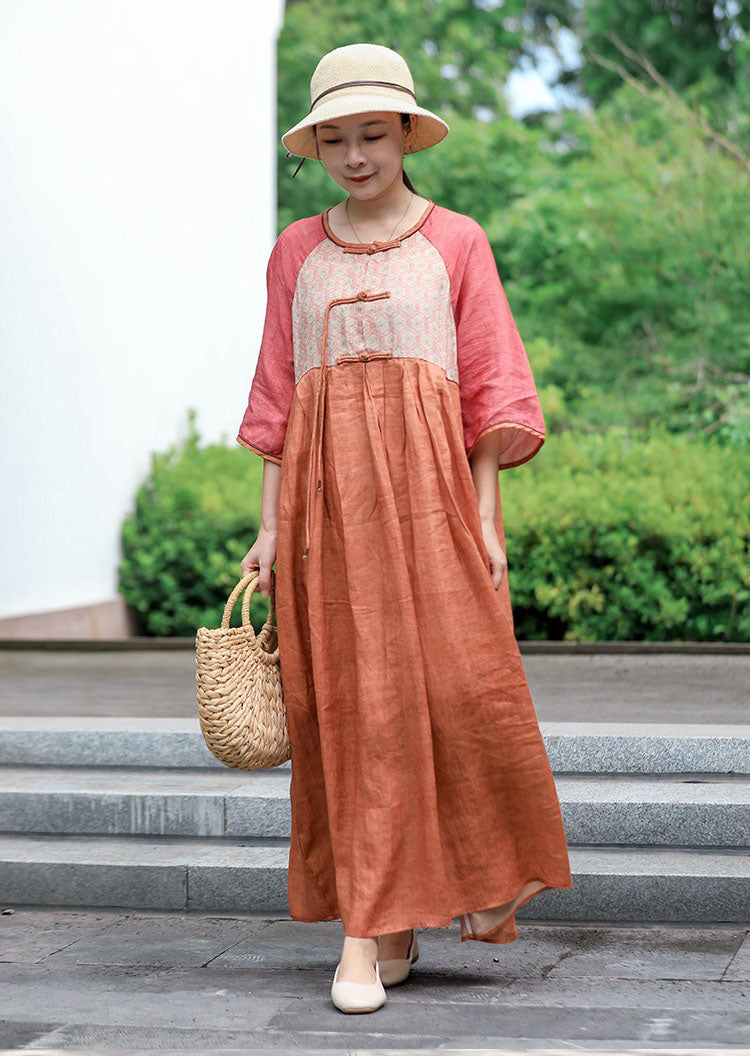 Summer Ramie Orange Patchwork with Pockets Dress for Women