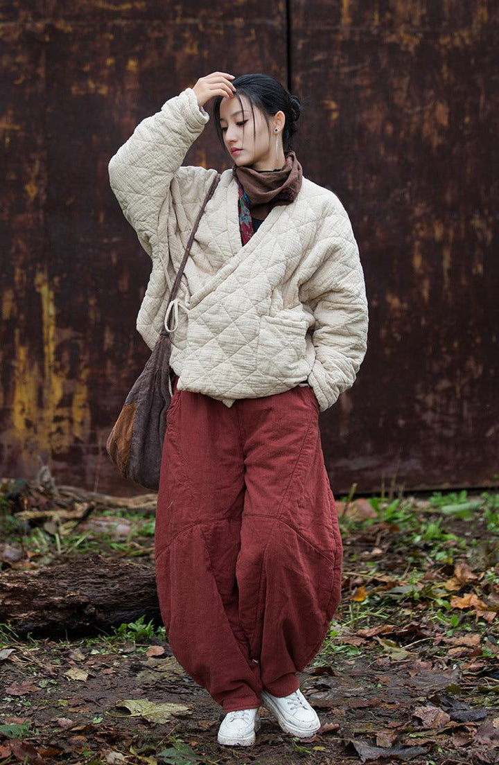 Retro Loose-Fit V-Neck Cotton and Linen Women's Winter Coat-Women's coat-Thebesttailor-Thebesttailor