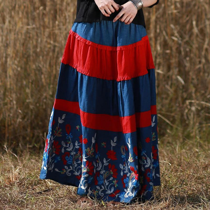 Bohemian Blue Floral Long A-line Skirt in Cotton/Linen-Women's Skirts-Thebesttailor-Thebesttailor