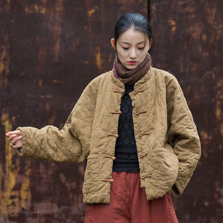 Retro Women's Long Sleeve Linen Padded Winter Coat-Women's coat-Thebesttailor-One size-Brown-Linen-Thebesttailor