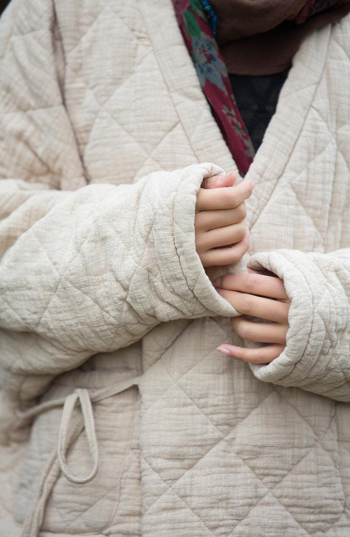 Retro Loose-Fit V-Neck Cotton and Linen Women's Winter Coat-Women's coat-Thebesttailor-Thebesttailor