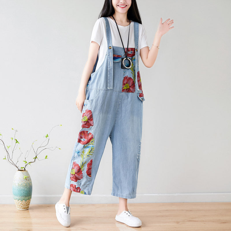 Summer Casual Blue Patchwork Overalls for Women