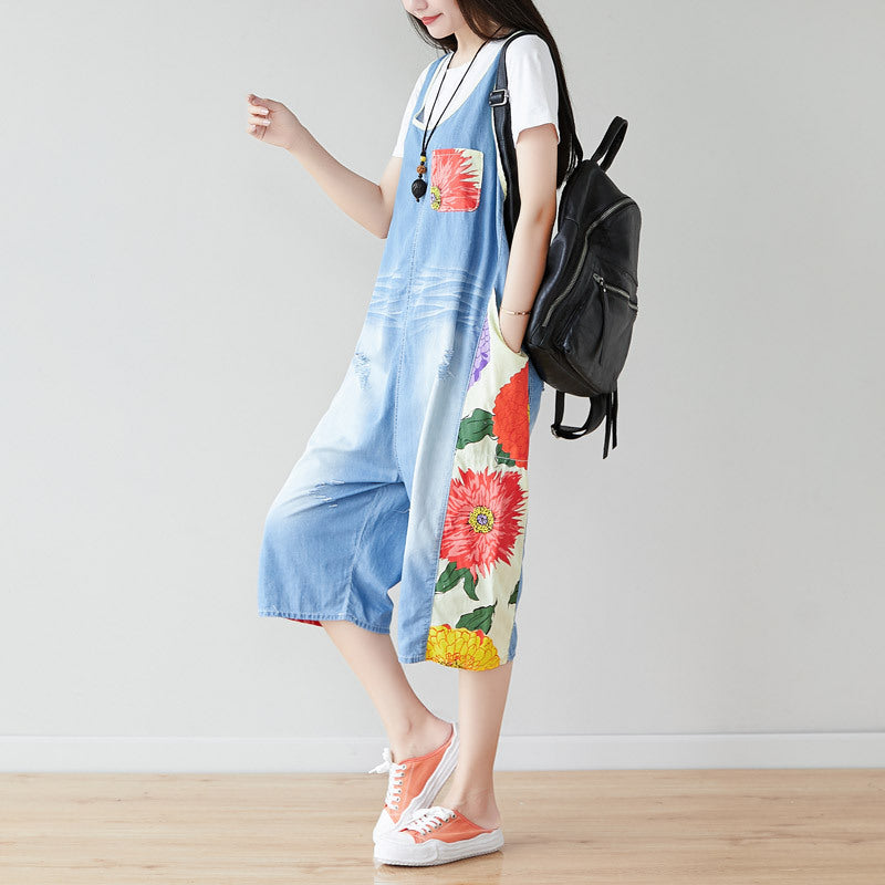 Summer Casual Print Blue Overalls for Women