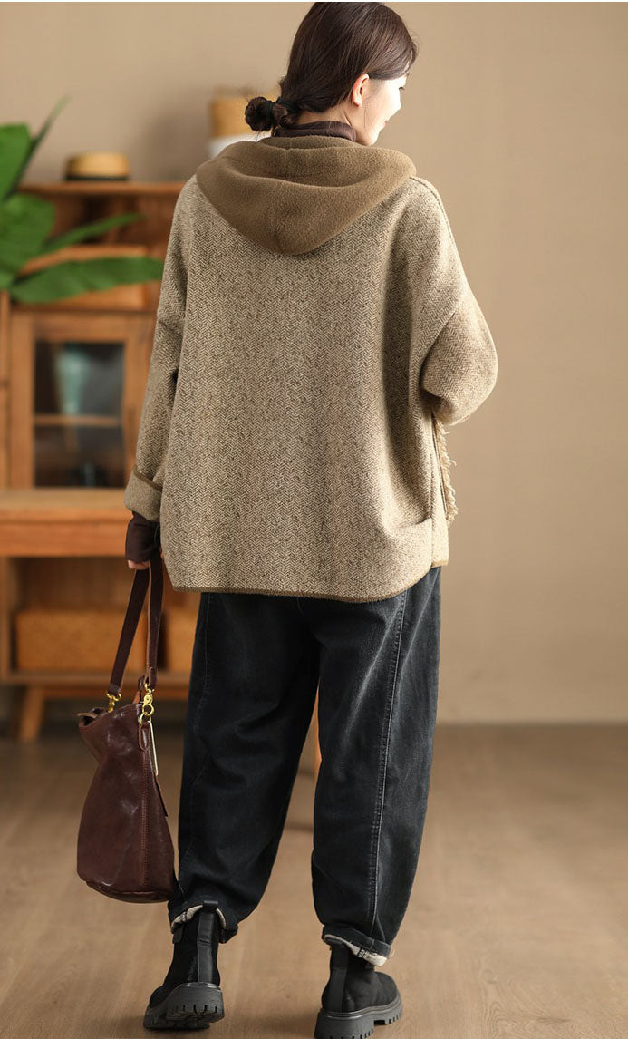 winter wool herringbone pattern jacket with hood womens
