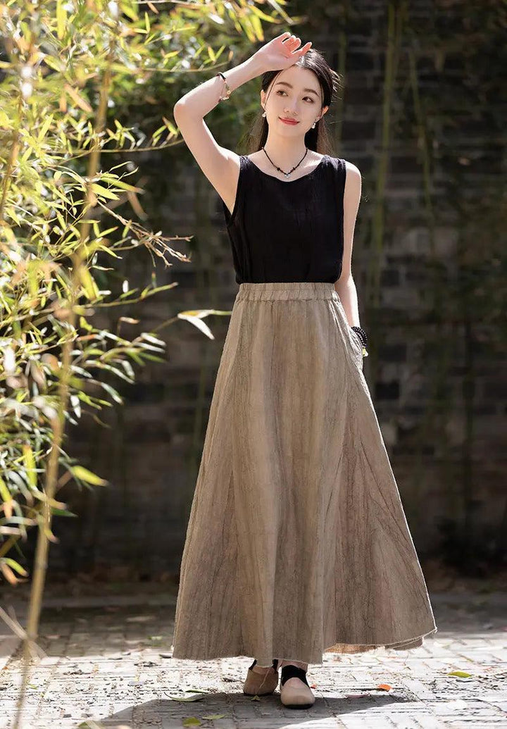 Swing Skirt Linen Maxi Skirt with Retro Pleats and Pockets-Women's Skirts-Thebesttailor-Thebesttailor
