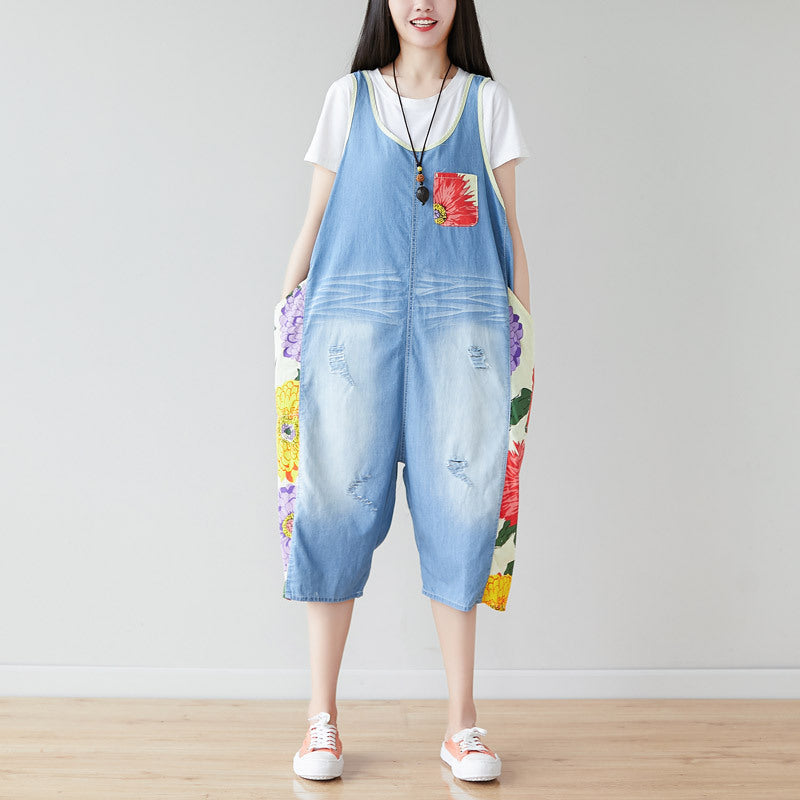 Summer Casual Print Blue Overalls for Women by Thebesttailor