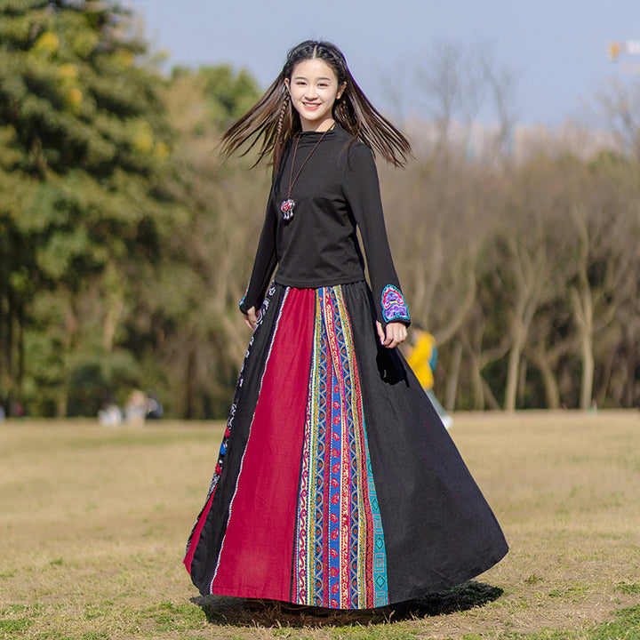 Cotton And Linen boho Elastic Waist Wide Sleeve Maxi Skirt