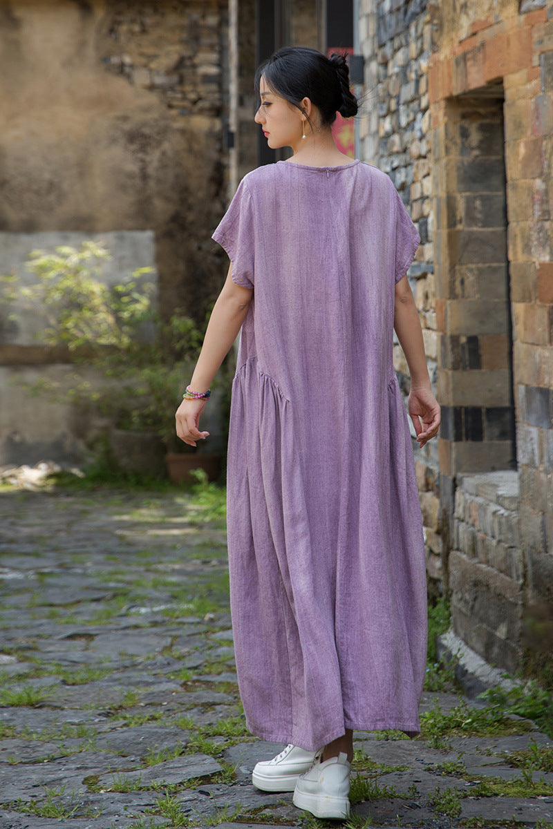Women's Summer Linen Tie-Dye Short-Sleeved Dress for Comfort
