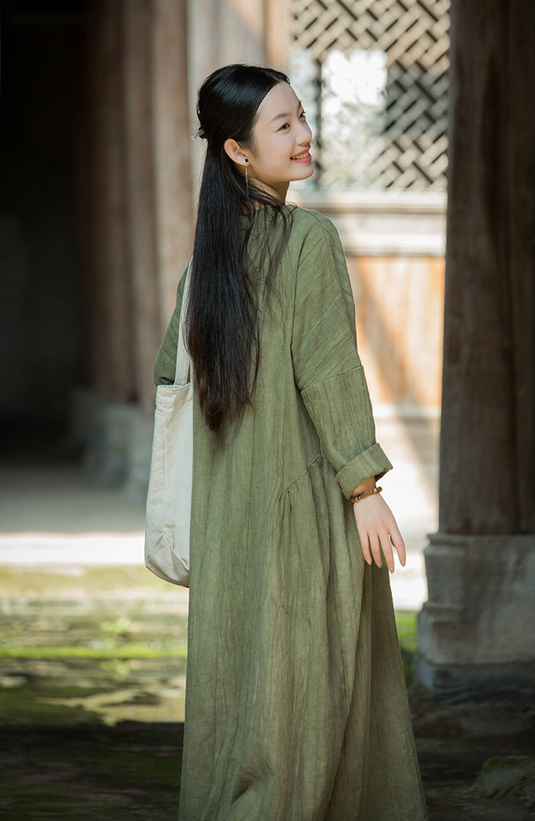 Summer Linen Tie-Dyed Fried Color V-Neck Dress for Women