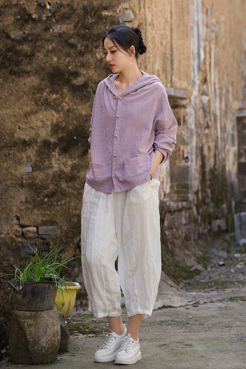 Women's Linen Sand-Washed Hooded Long-Sleeved Blouse