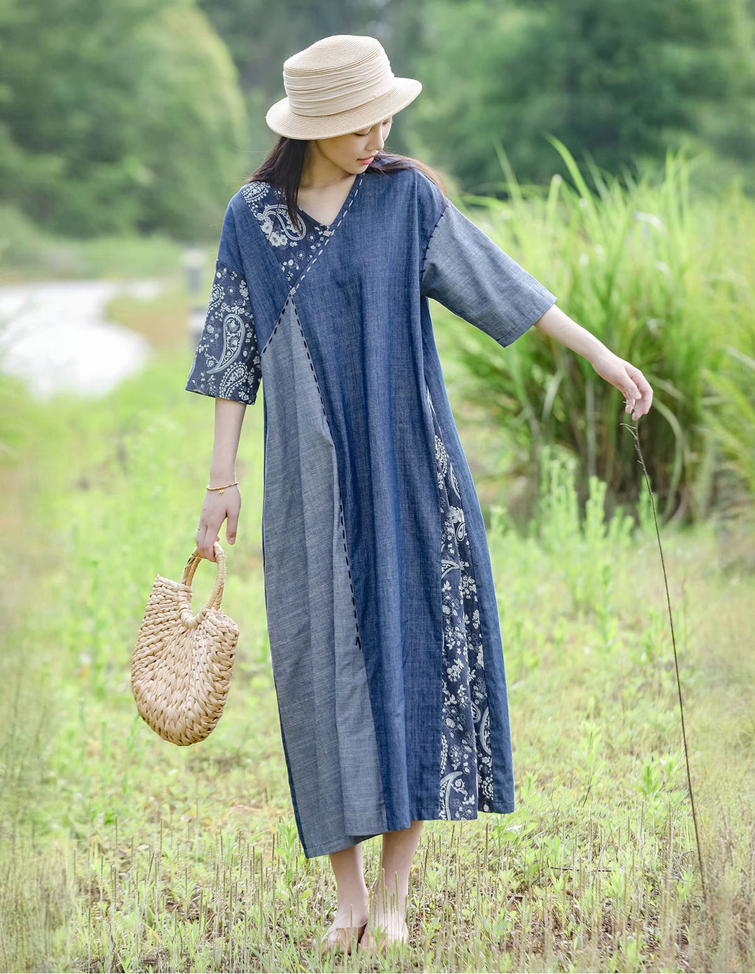 Blue Cotton Patchwork V Neck Maxi Dress For Women Casual