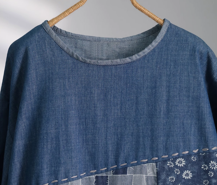 Blue Patchwork Cotton Midi Dress for Women Round Neck