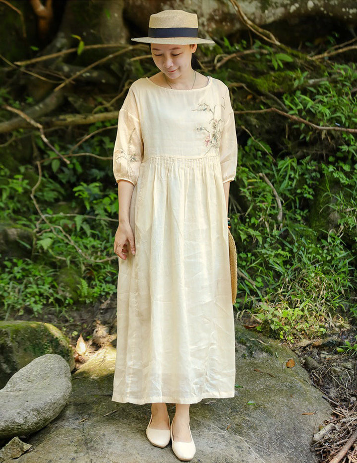 Linen Embroidery Round Neck High Waisted Summer Dresses