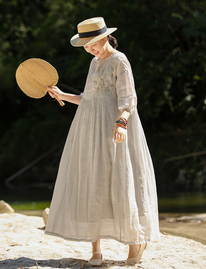 Linen Embroidery Round Neck High Waisted Summer Dresses