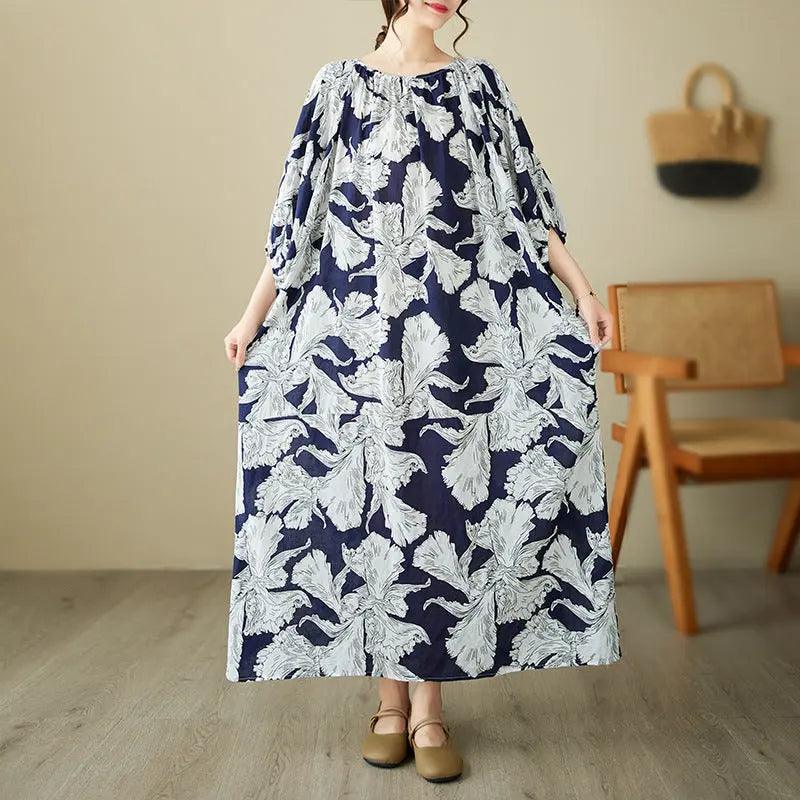 Navy Blue Floral Dress Boho A-Line Midi Dress by Thebesttailor