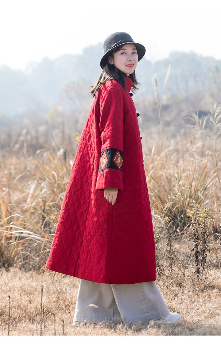 Vintage Chinese Quilted Linen Winter Coat Red Black
