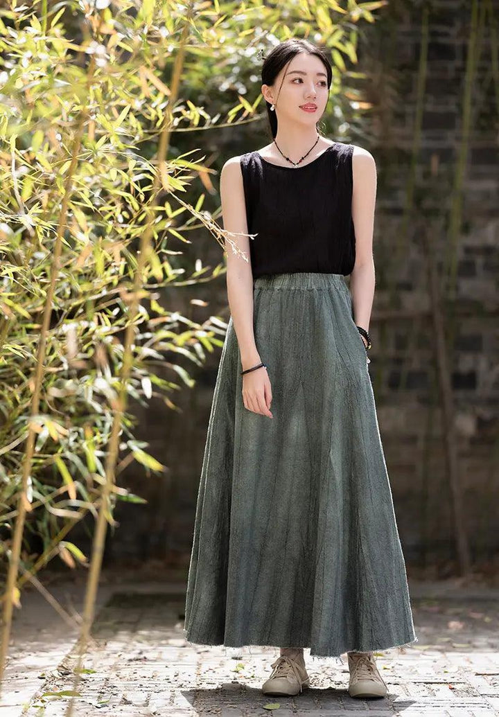 Swing Skirt Linen Maxi Skirt with Retro Pleats and Pockets-Women's Skirts-Thebesttailor-Thebesttailor