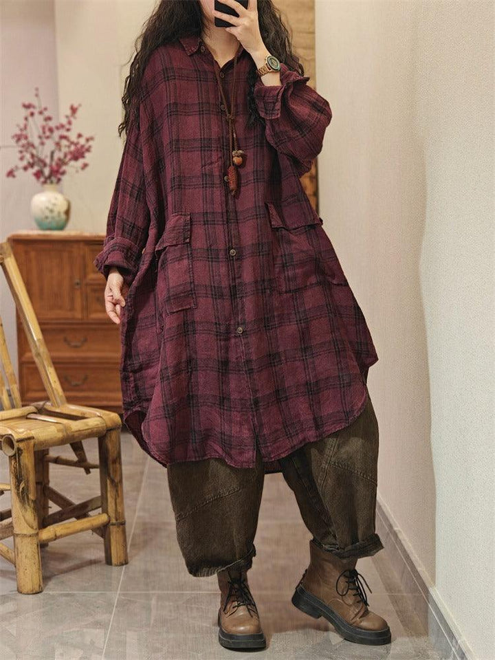 Stylish womens cotton plaid long sleeve shirt in warm red plaid, perfect for casual outfits and cozy wear.