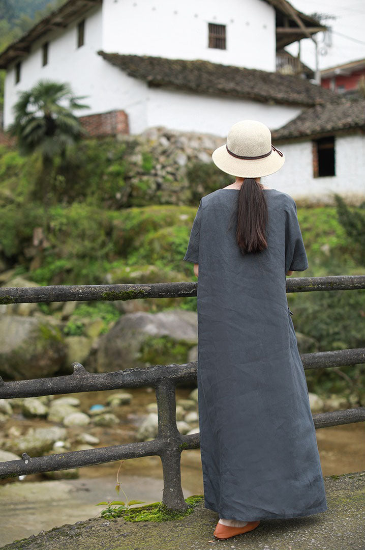 Gray Linen Embroidered Half Sleeves Maxi Dress For Women