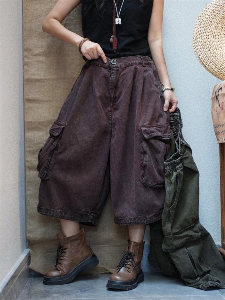 Large pockets loose casual overalls retro Stir-Fried Color jeans, featuring high waist and cropped design for summer style.