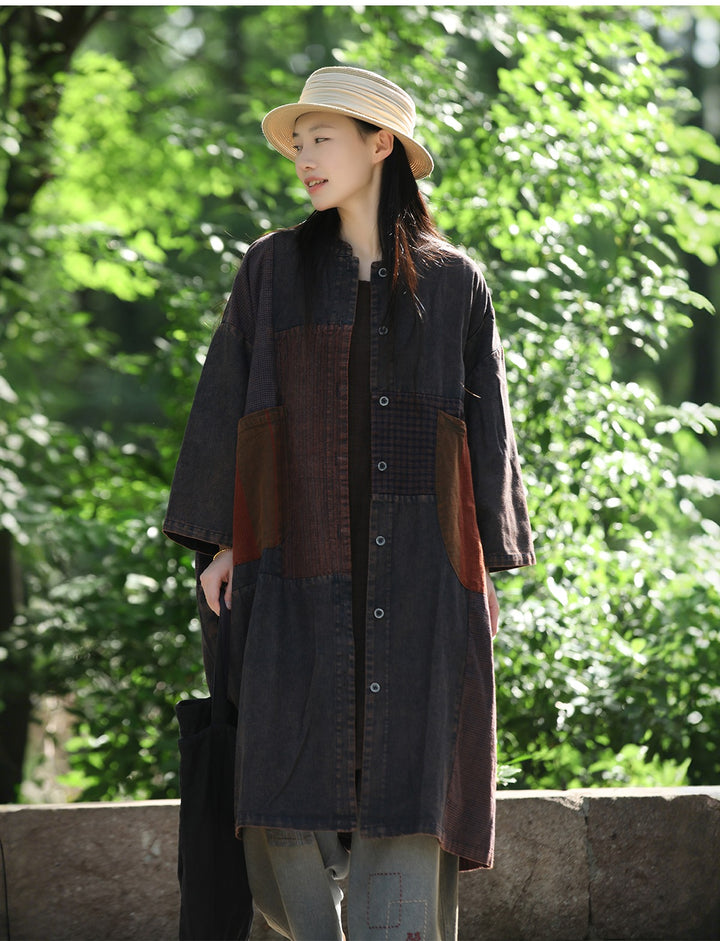 Autumn Cotton Patchwork Single-Breasted Trench Coat for Women