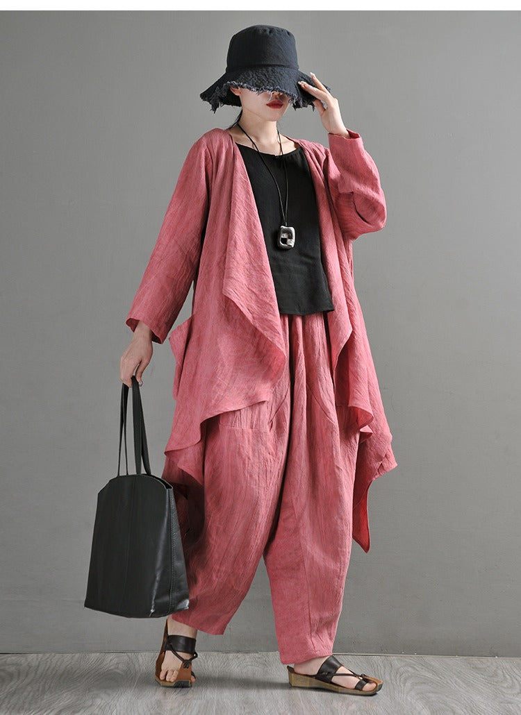 Linen Irregular Cardigan Top + Maxi Harem Pants for Women by Thebesttailor