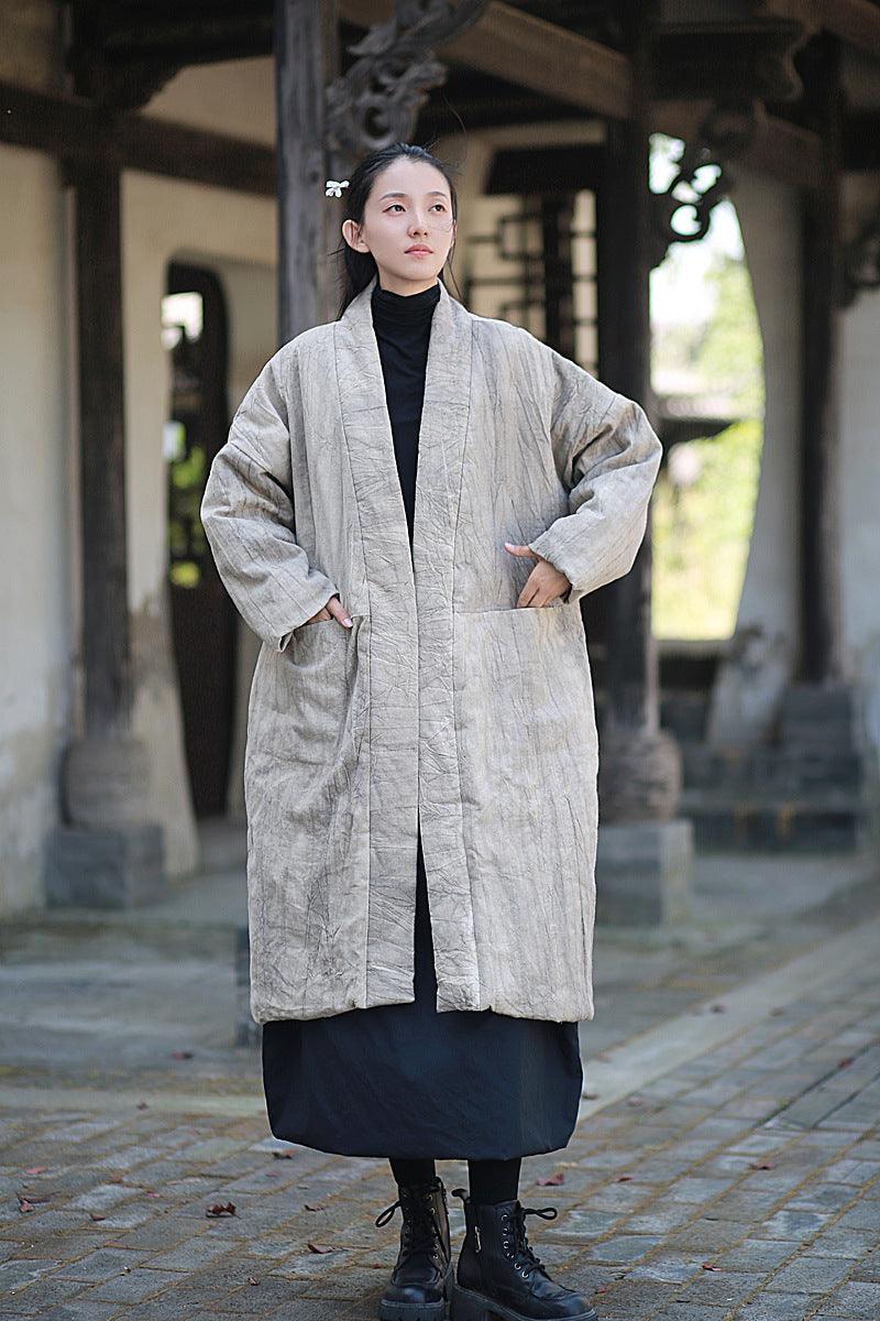 Ladies’ Retro Tie-Dye Quilted Ramie Coat with Long Sleeves-Women's coat-Thebesttailor-Thebesttailor