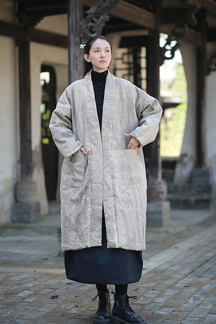Ladies’ Retro Tie-Dye Quilted Ramie Coat with Long Sleeves-Women's coat-Thebesttailor-Thebesttailor