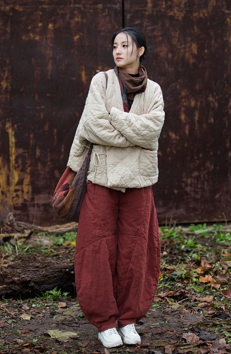 Retro Loose-Fit V-Neck Cotton and Linen Women's Winter Coat-Women's coat-Thebesttailor-Thebesttailor
